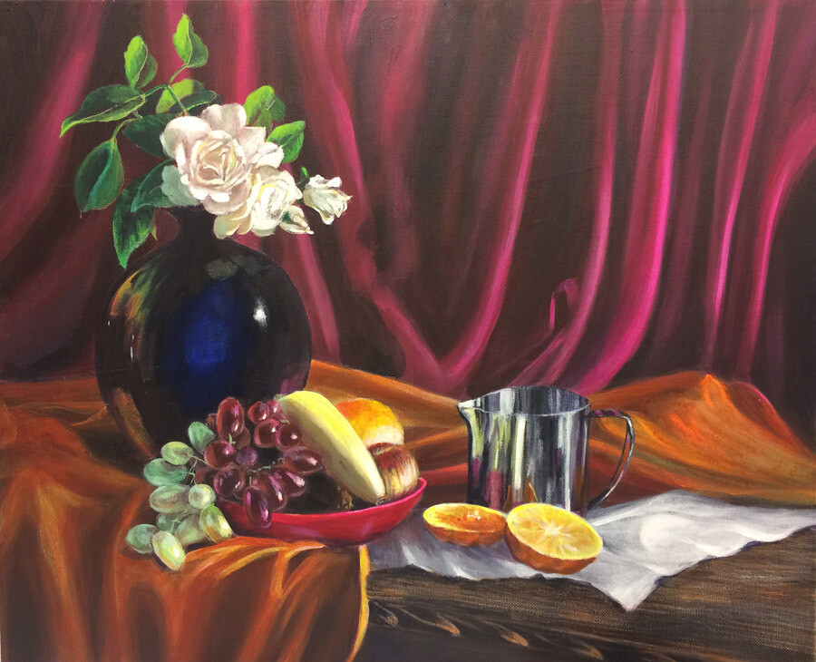 Still life painting with Fruit and Flowers