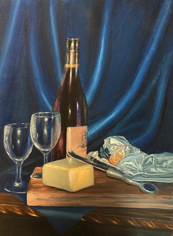 Still life painting with wine and cheese
