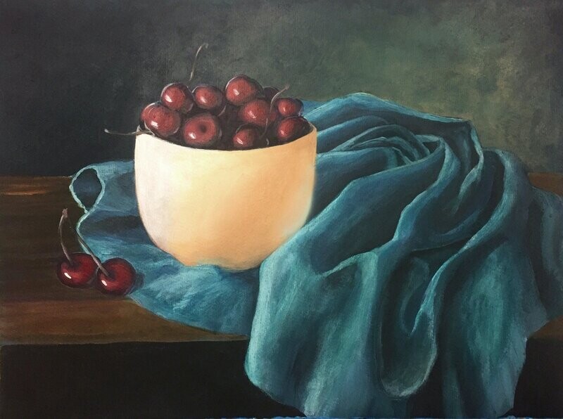 Painting project with Cherries and Folds of Fabric