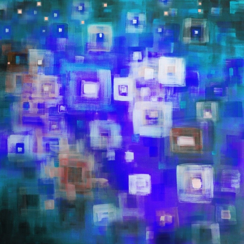 SOLD 'Blue City Lights i' - 100x100cm, mixed media on linen