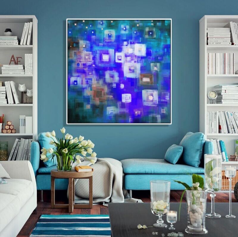 SOLD &#39;Blue City Lights i&#39; - 100x100cm, mixed media on linen