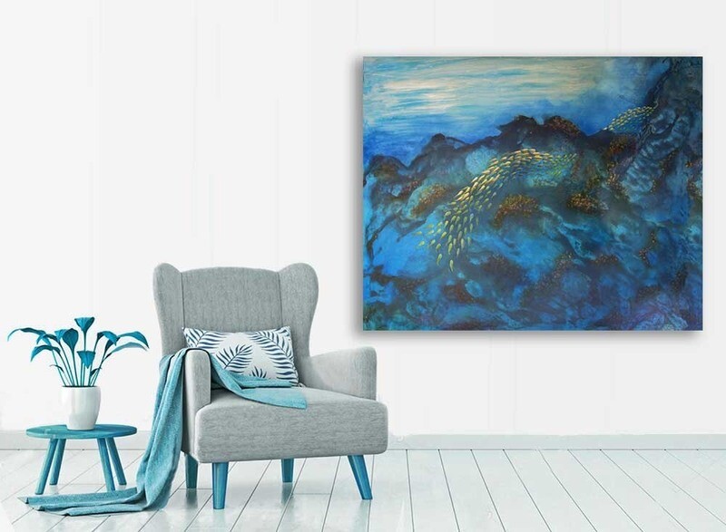 Underwater Painting of the ocean 'Over the Reef ii', 120x100cm, mixed media on yupo