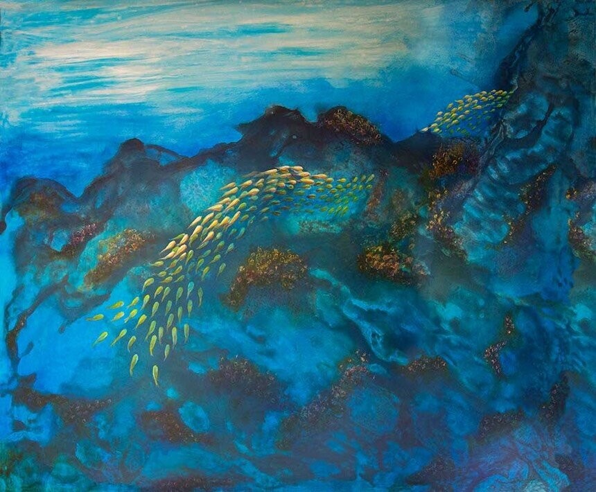 Underwater Painting of the ocean 'Over the Reef ii', 120x100cm, mixed media on yupo