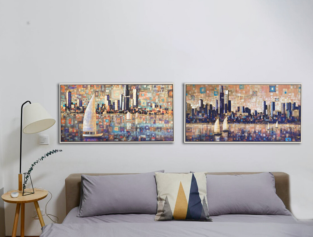 pair of melbourne paintings above bed