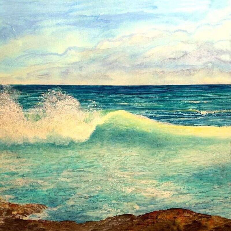 Large original ocean paintings - &#39;On the Rocks&#39; 104x104cm, mixed media on canvas