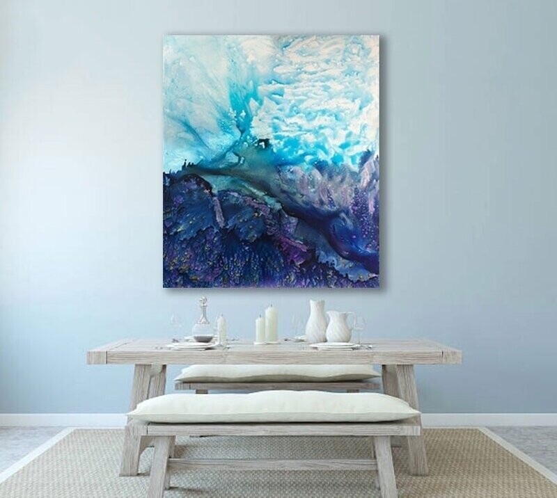 Underwater Painting of the ocean 'The Shallows i, 120x100cm, mixed media on yupo