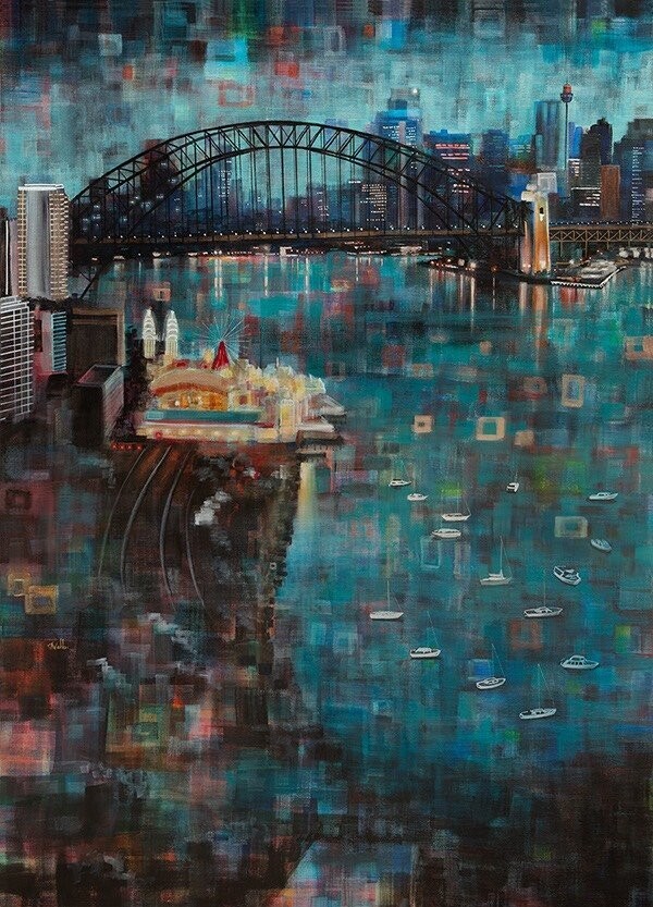 Painting of Sydney 'A Night to Remember'- 104x155 cm, large acrylics and metallics on linen