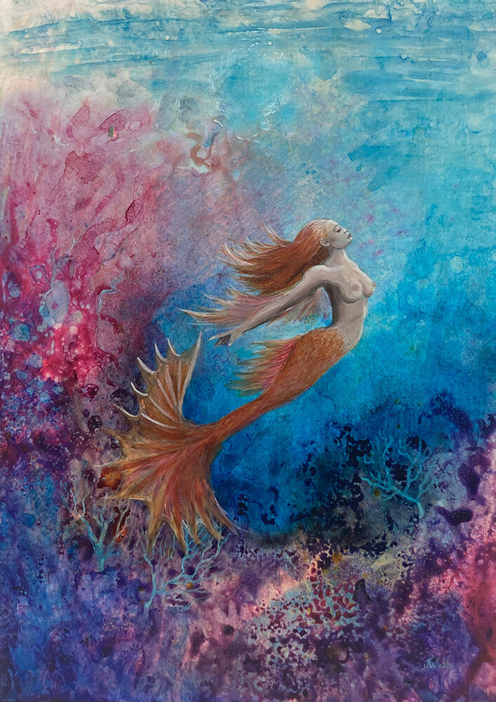 Mermaid painting - &#39;Leaving my Garden &#39; - 40x30 cm , original mixed media painting