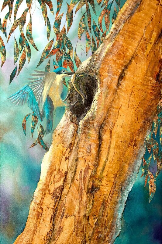 sacred kingfisher painting in mixed media