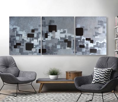Extra Large Abstraction, black and White, 3 m wide &#39;History- Chapter 1,2,3&#39; -original painting, mixed media on yupo panel