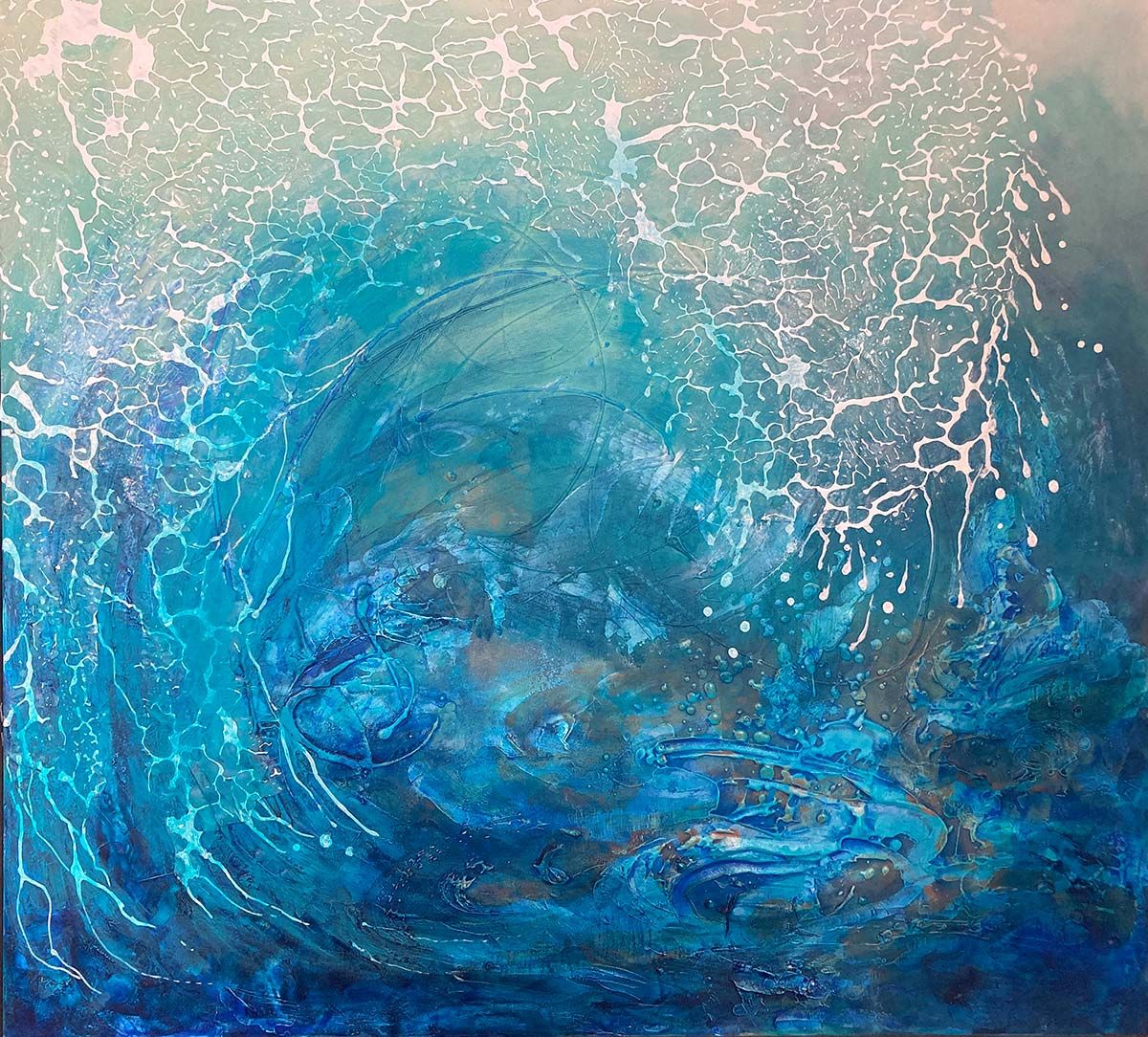 Abstract painting of Water - &#39;Portal&#39;, framed in contemporary oak floater