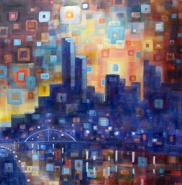 Painting Melbourne Skyline - 122x122cm, large mixed media painting on linen