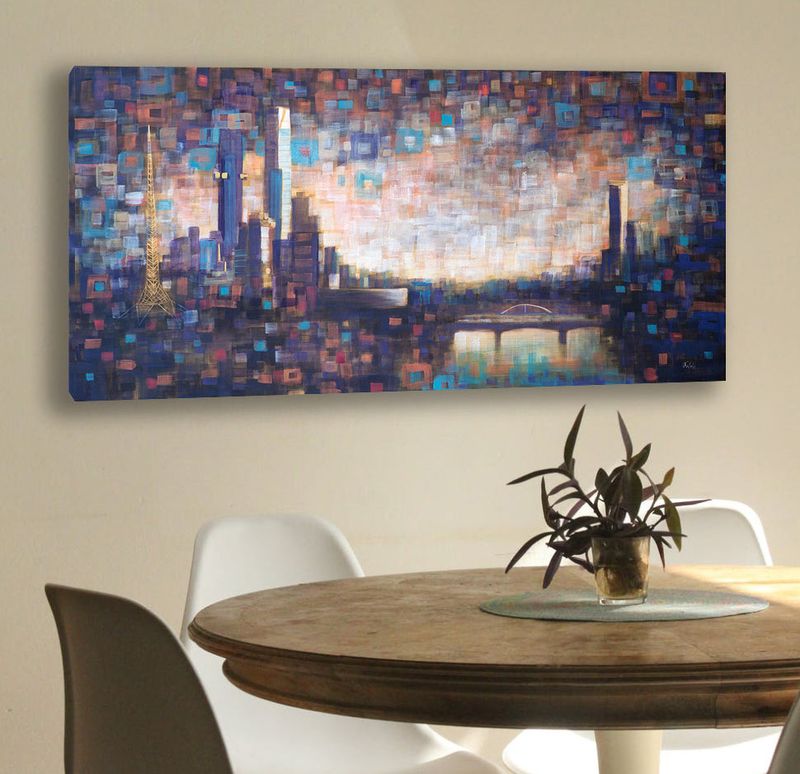 Melbourne Water View paintings - 'Summer Yarra ii' -   103x53cm, mixed media on canvas, floating frame