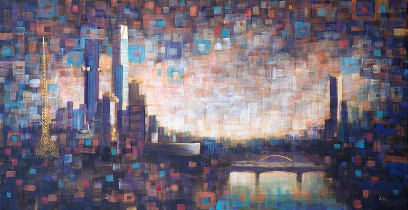Melbourne Water View paintings - &#39;Summer Yarra ii&#39; -   103x53cm, mixed media on canvas, floating frame