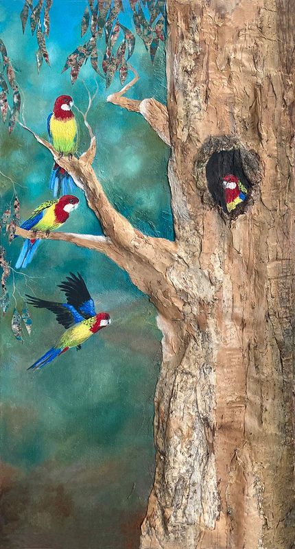 Family of Eastern Rosellas - original mixed media painting, framed