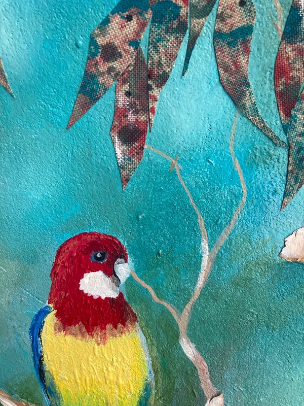 Family of Eastern Rosellas - original mixed media painting, framed