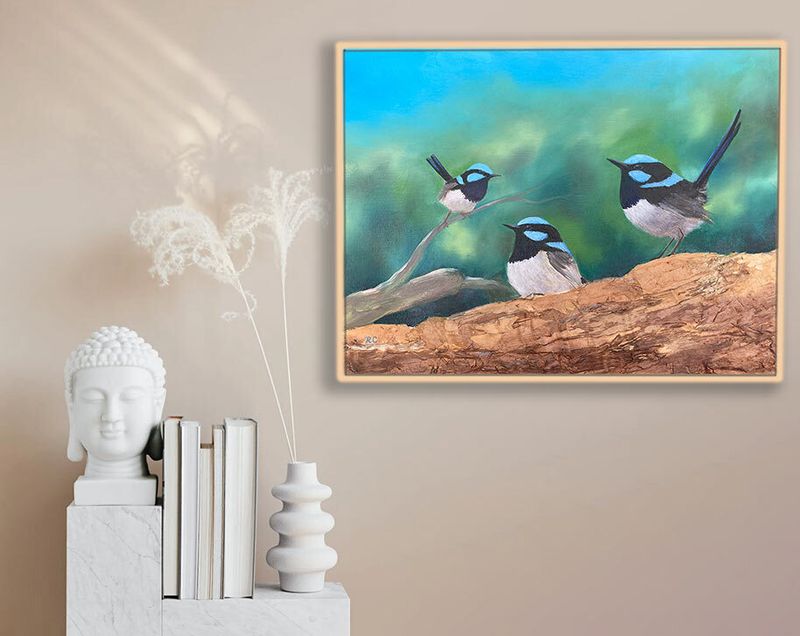 Superb Blue Wrens - beautifully hand-finished canvas reproduction artwork