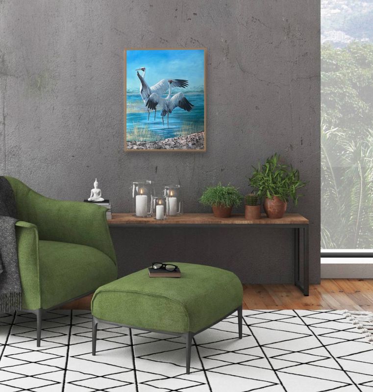 Brolgas dancing in the Wetlands - hand-finished canvas reproduction artwork