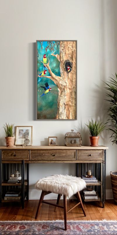 Eastern Rosella, Family tree - hand-finished canvas reproduction artwork