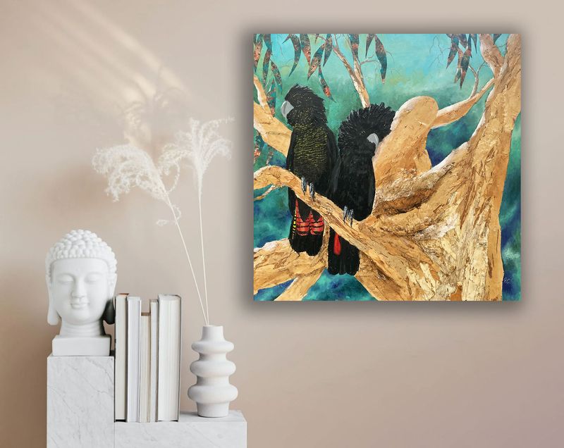Black Cockatoo Couple - hand-finished canvas reproduction artwork