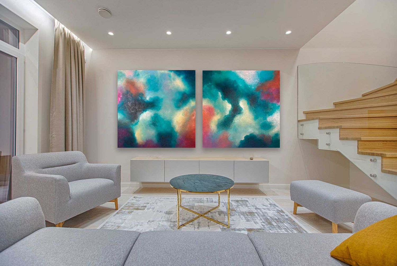 Pair of extra-large Abstract paintings - John Louis Lloyd, use code inside 20% off list price as a pair. 120x120cm each