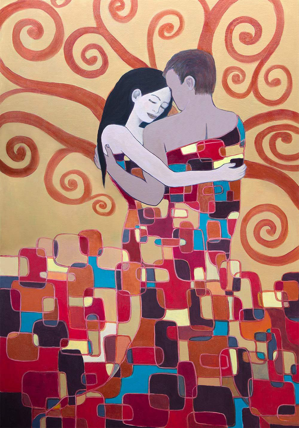 Large Figure painting - &#39;Tree of Love&#39; - 103x153 cm , mixed media on canvas, stretched with floating oak frame