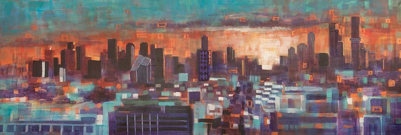 Panoramic Melbourne painting - &#39;Sunrise from Port Melbourne beach&#39; - 182x60cm, mixed media on canvas