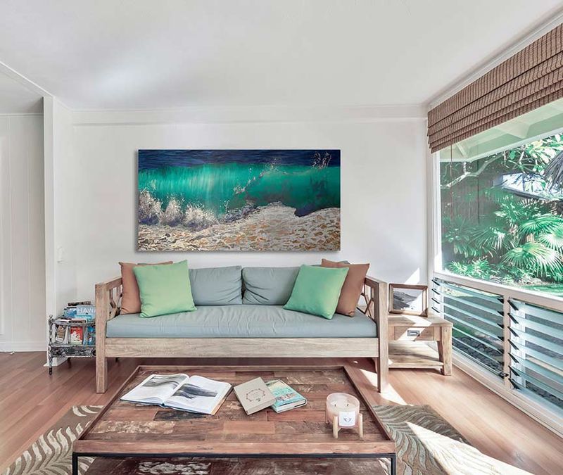 Large panoramic original ocean painting - 'Shore Wash i' 183x91.5cm, mixed media on canvas