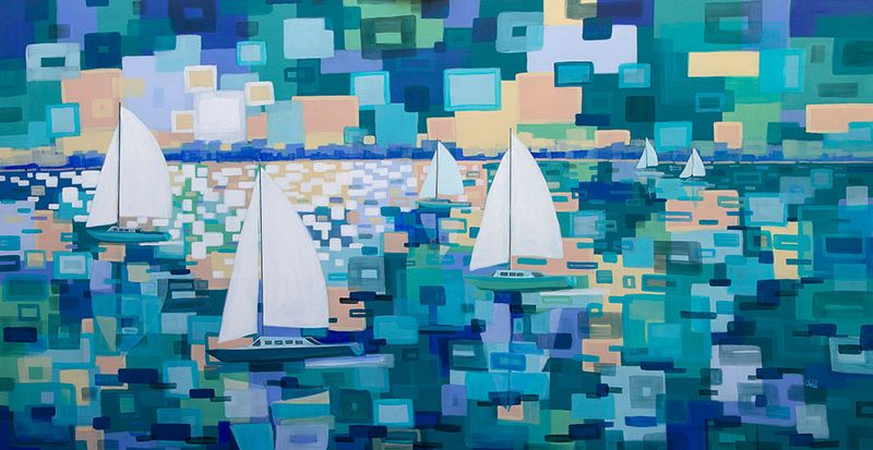 Large panoramic original ocean sailing painting - &#39;Sailing to Olo&#39; 183x91.5cm, acrylic media on canvas