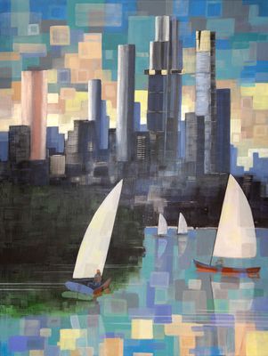 Painting of Melbourne - &#39;Sailing on Albert Park Lake i&#39;