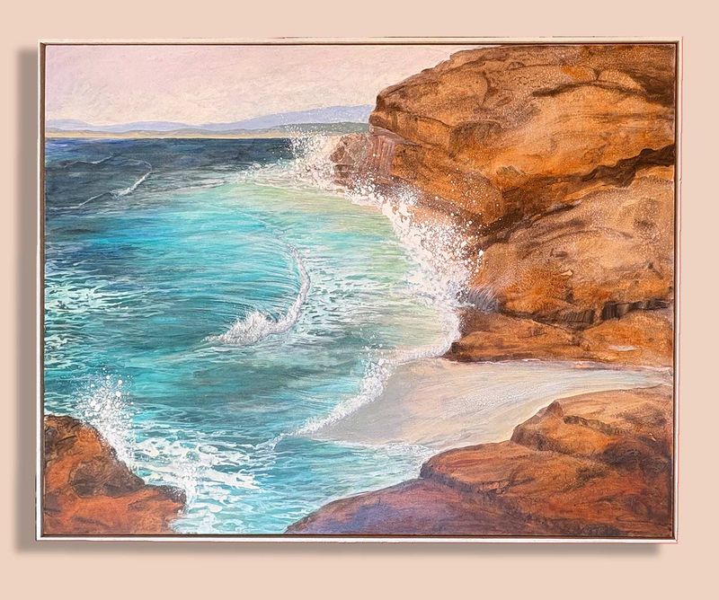 Large original ocean paintings - &#39;Fishing Spot&#39; 123x93cm, mixed media on watercolour canvas