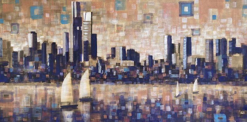 Painting of CBD from Melbourne's Bay