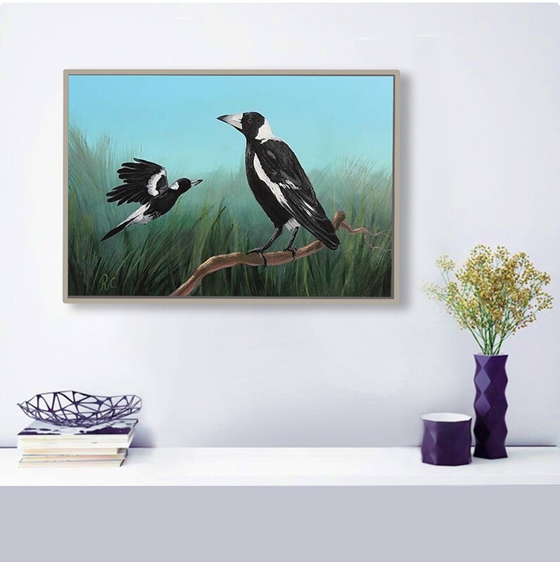 Australian Bird Series of Paintings - Maggies - 30x40cm , original painting on board, Robert Corcoran