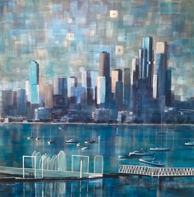 Saint Kilda Marina to Melbourne CBD- 120x120cm, large mixed media painting on linen paintings of melbourne