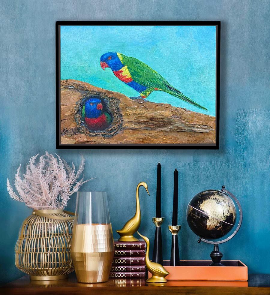Australian Bird Paintings - Rainbow Lorikeets and tree hole
