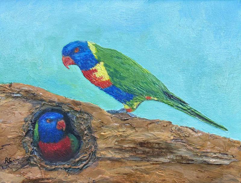 Australian Bird Paintings - Rainbow Lorikeets and tree hole