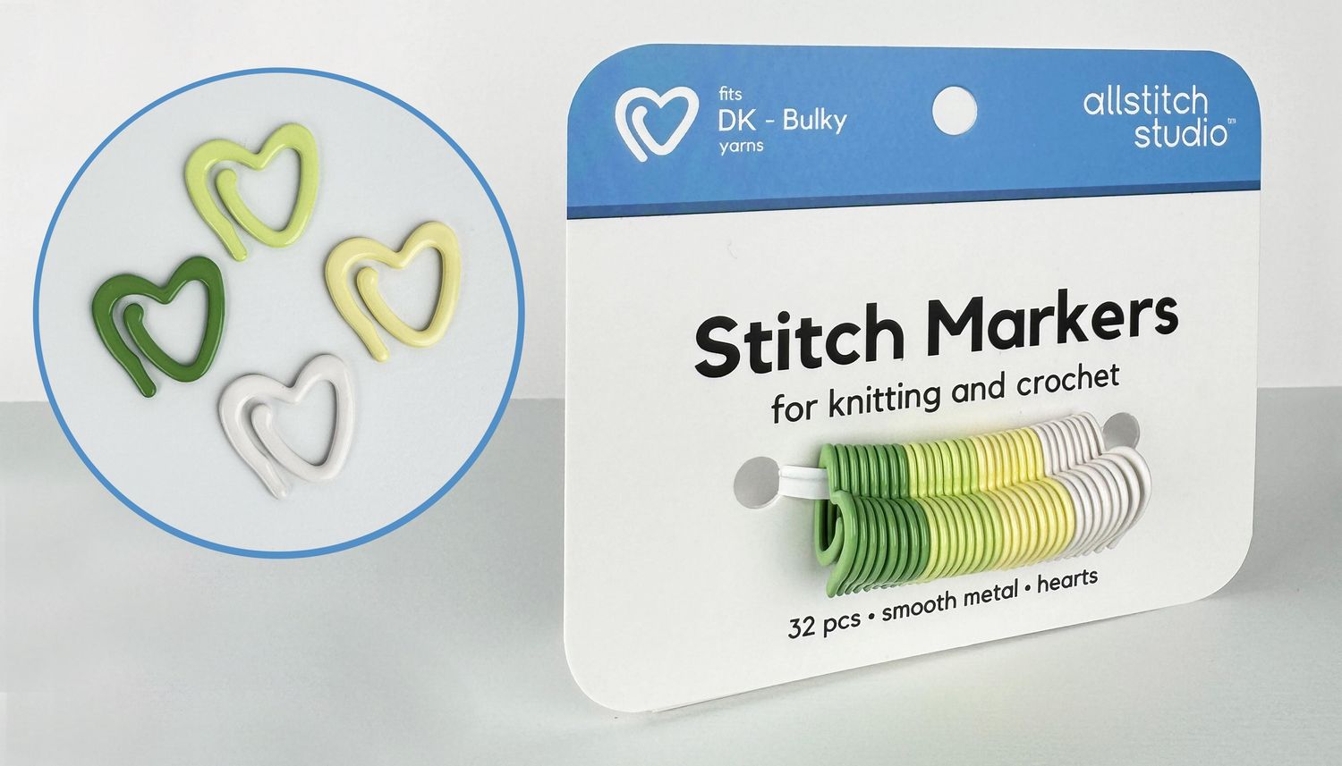 All Stitch Studio stitch markers, Color: Hearts - Green Tones