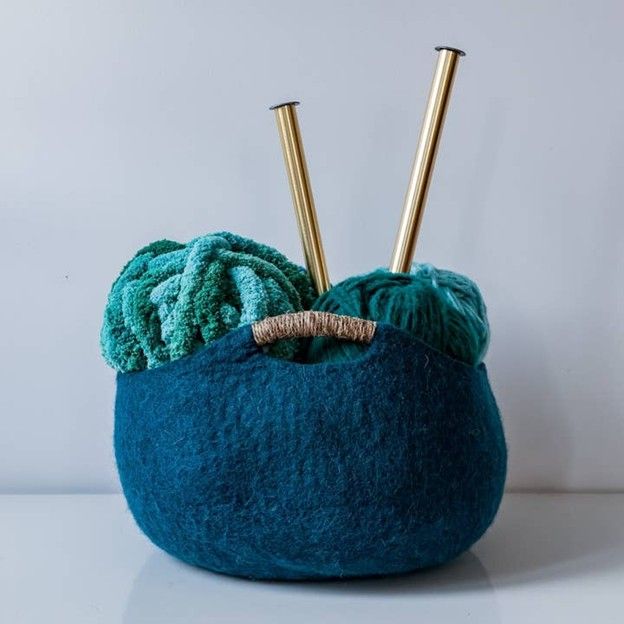 Felt Basket w/ Hemp Handle - 16" Large, Color: Aqua