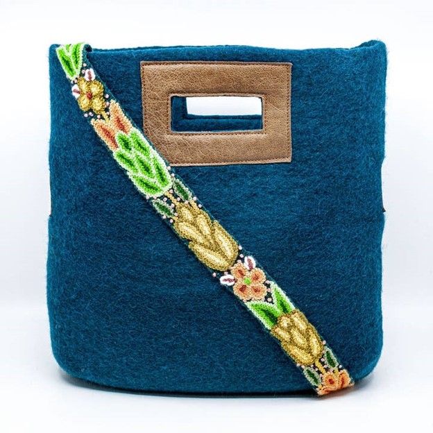 Felt &amp; Leather Tote with Hand-Embroidered Strap, Color: Aqua