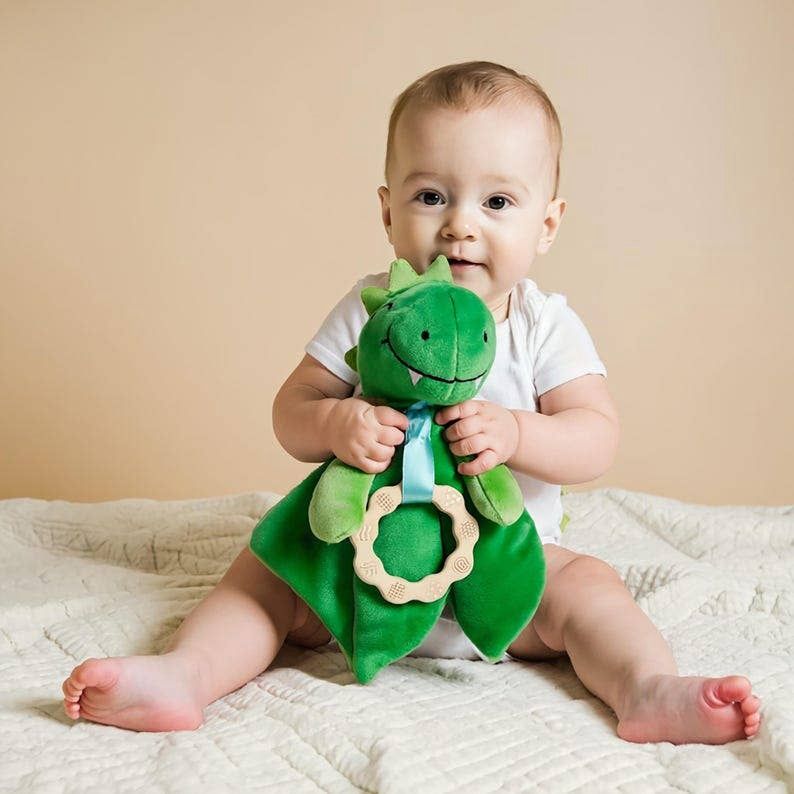 Dylan Dino Plush Toy with Teether: Dinosaur Lovey, Shower Gift, Security Blanket for Babies