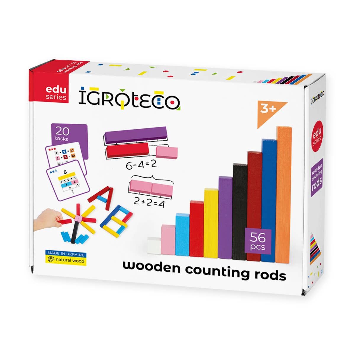 Wooden counting sticks 56 parts: Wood, water-based acrylic varnish and paints