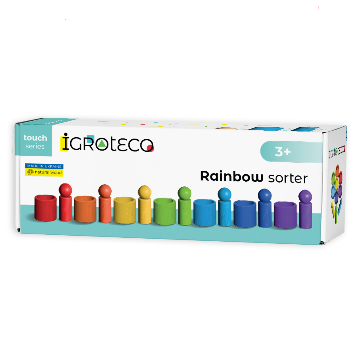 Wooden Rainbow sorter: Wood, water-based acrylic varnish and paints