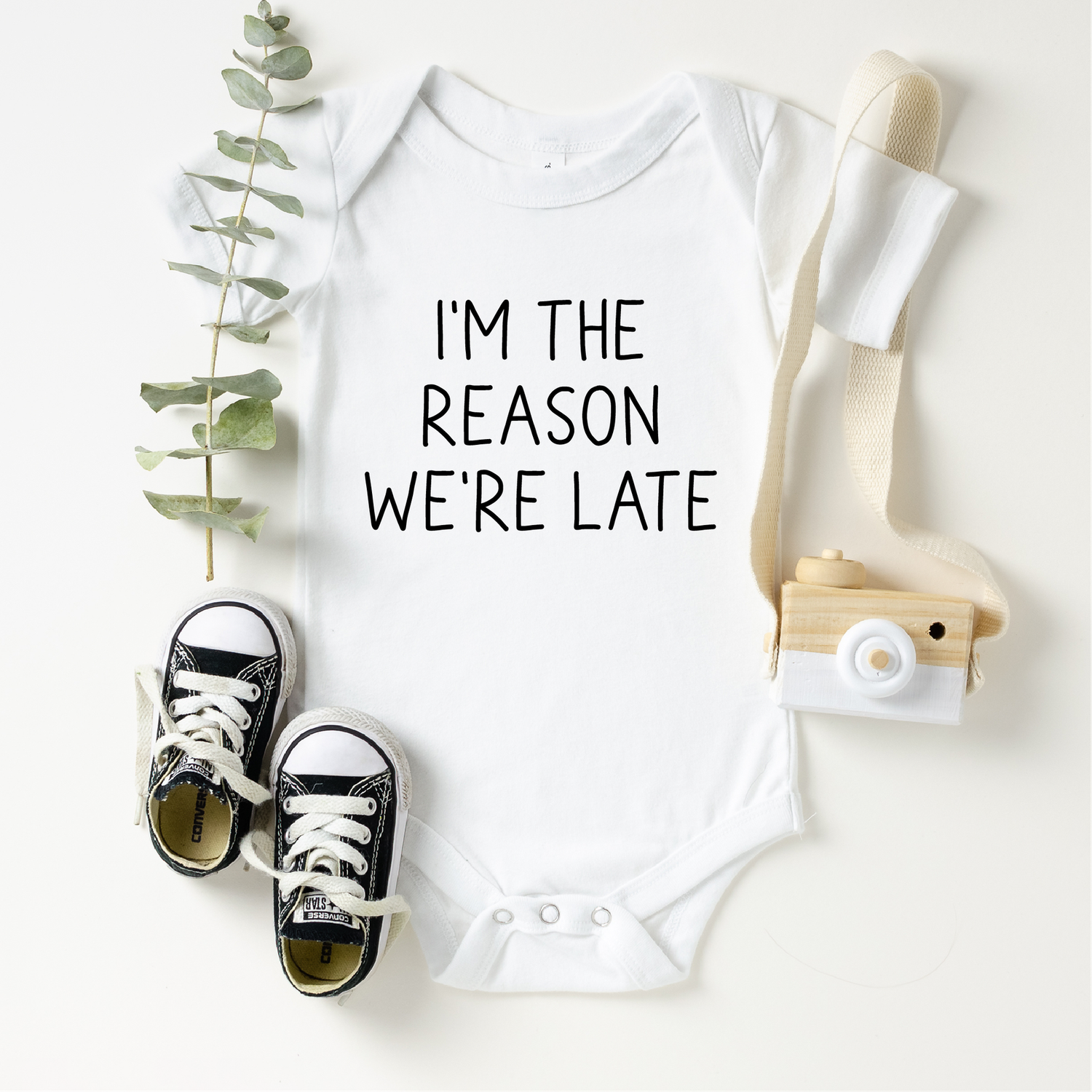 Funny Onesie for Parents, I'm the Reason We're Late: White / 0-3 Months