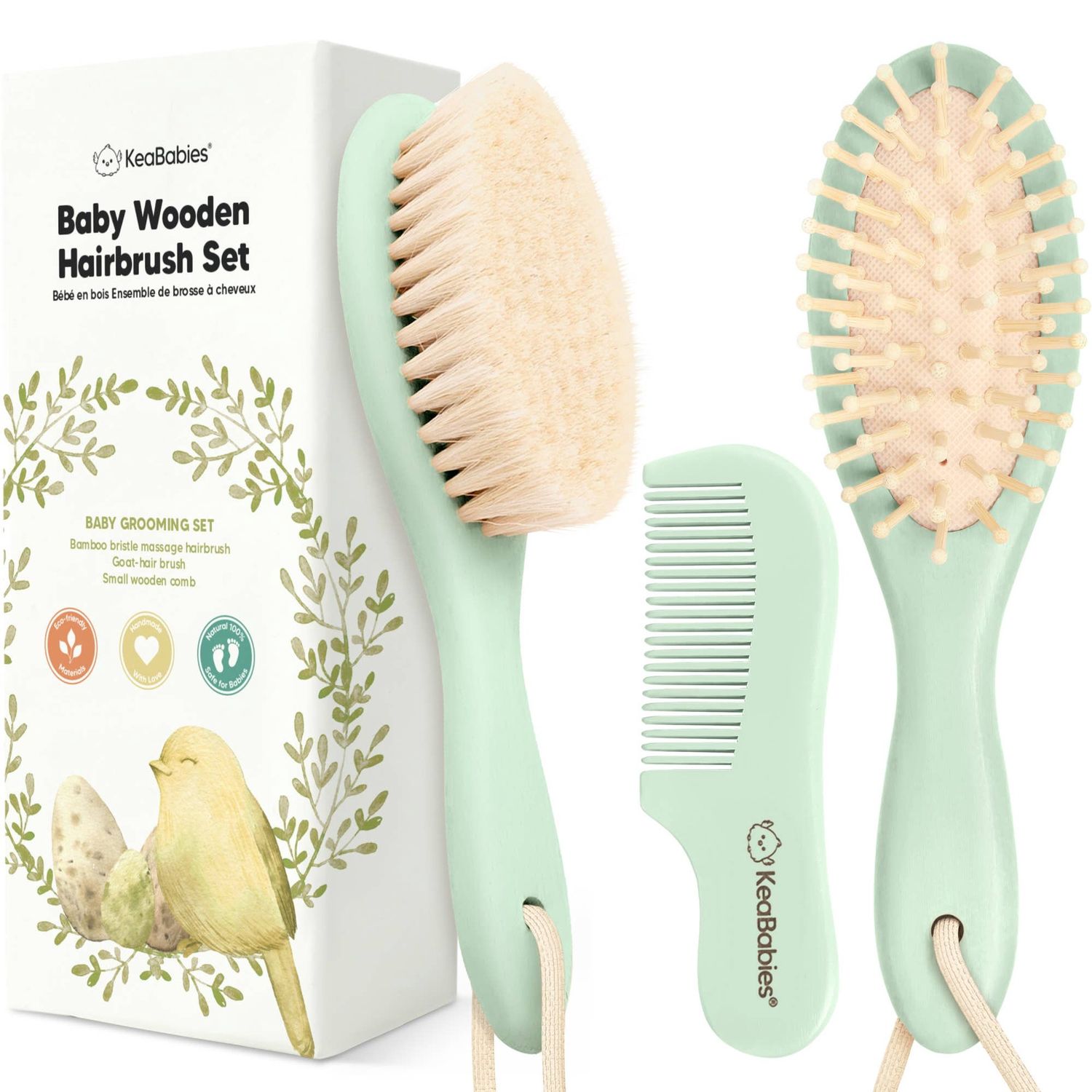 KeaBabies Baby Hair Brush and Comb Set: Sage