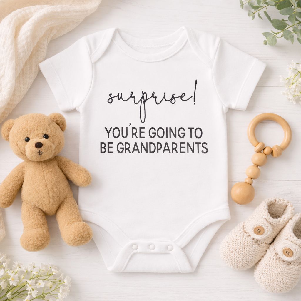 Pregnancy Announcement Baby Onesie – Surprise Grandparents: White / 0-3 Months