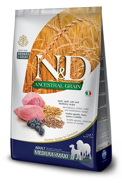 Farmina - N&amp;D ANCESTRAL GRAIN -Lamb &amp; Blueberry Adult Med/Maxi Dry Dog Food, Size: 26.5#