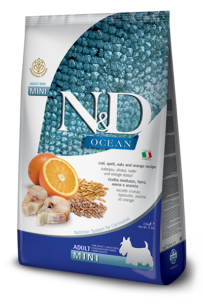 Farmina - N&amp;D OCEAN Ancestral Grains - Codfish, Spelt, Oats &amp; Orange   Adult Mini Dry Dog Food