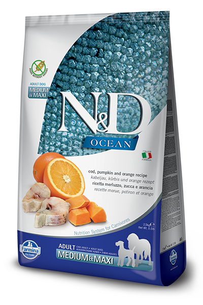 Farmina - N&amp;D OCEAN - Codfish, Pumpkin &amp; Orange Recipe Adult Med/Max Adult Dry Dog Food, Size: 5.5#