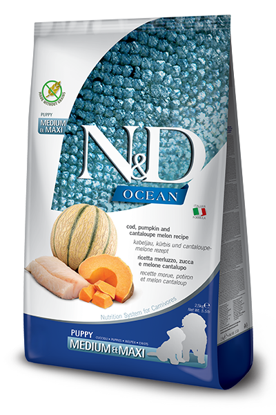 Farmina - N&amp;D OCEAN - Codfish, Pumpkin &amp; Cantaloupe Recipe Puppy Med/Maxi, Size: 5.5#