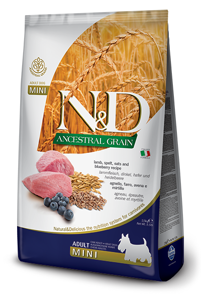 Farmina - N&amp;D ANCESTRAL GRAIN -Lamb &amp; Blueberry Adult Mini Dry Dog Food, Size: 15.4#